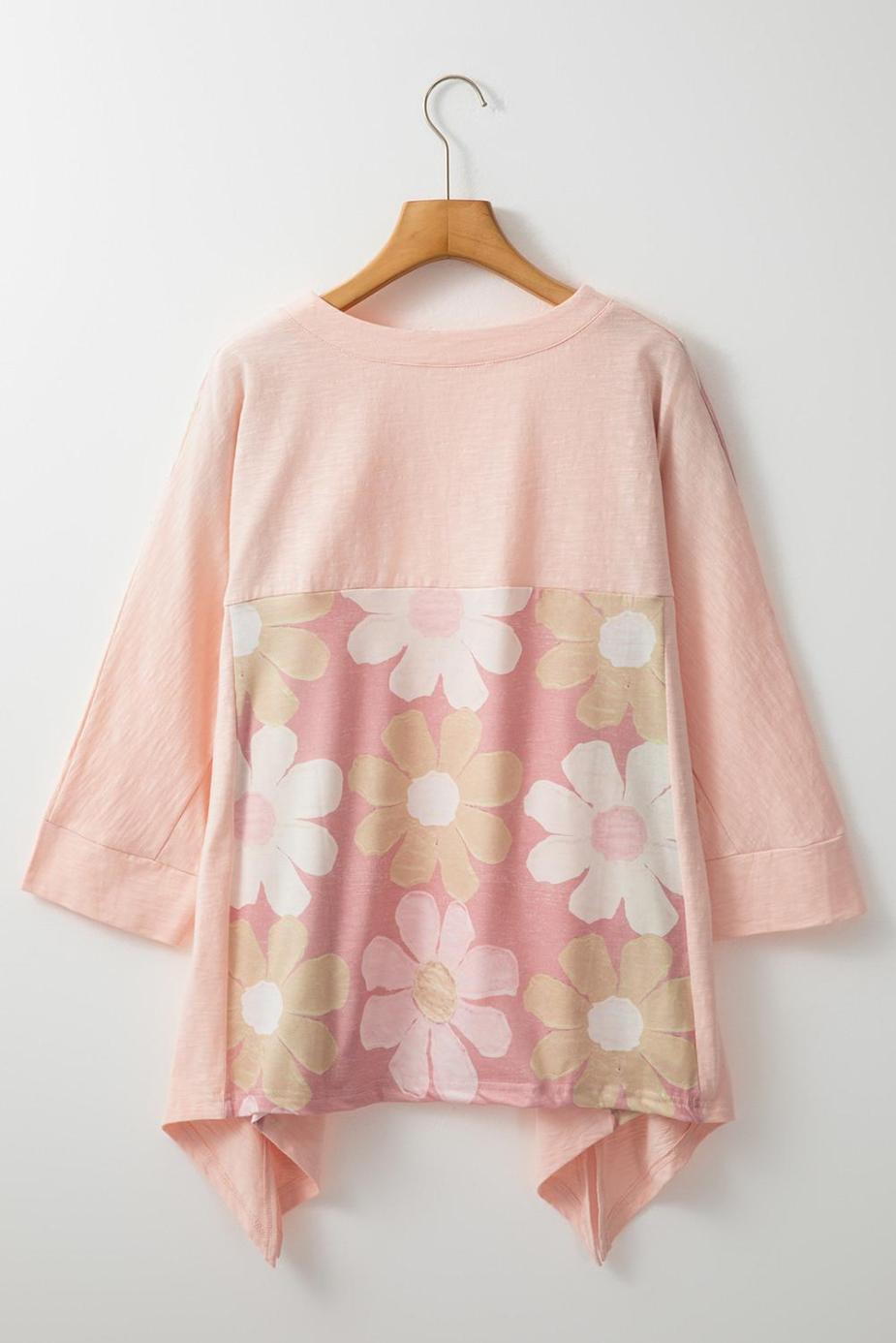 Long Sleeve Tops | Pink Patchwork 60S Flower V Neck Bracelet Sleeve Oversized Top - Women