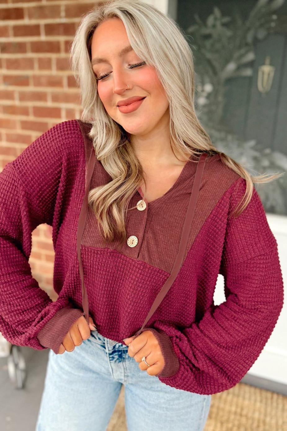 Long Sleeve Tops | Racing Red Waffle Patchwork Drop Shoulder Hooded Long Sleeve Top - Women