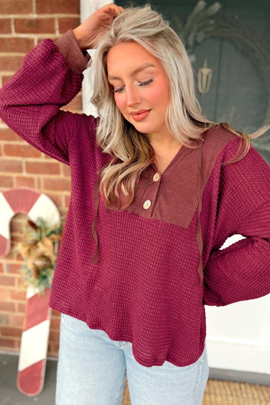 Long Sleeve Tops | Racing Red Waffle Patchwork Drop Shoulder Hooded Long Sleeve Top - Women