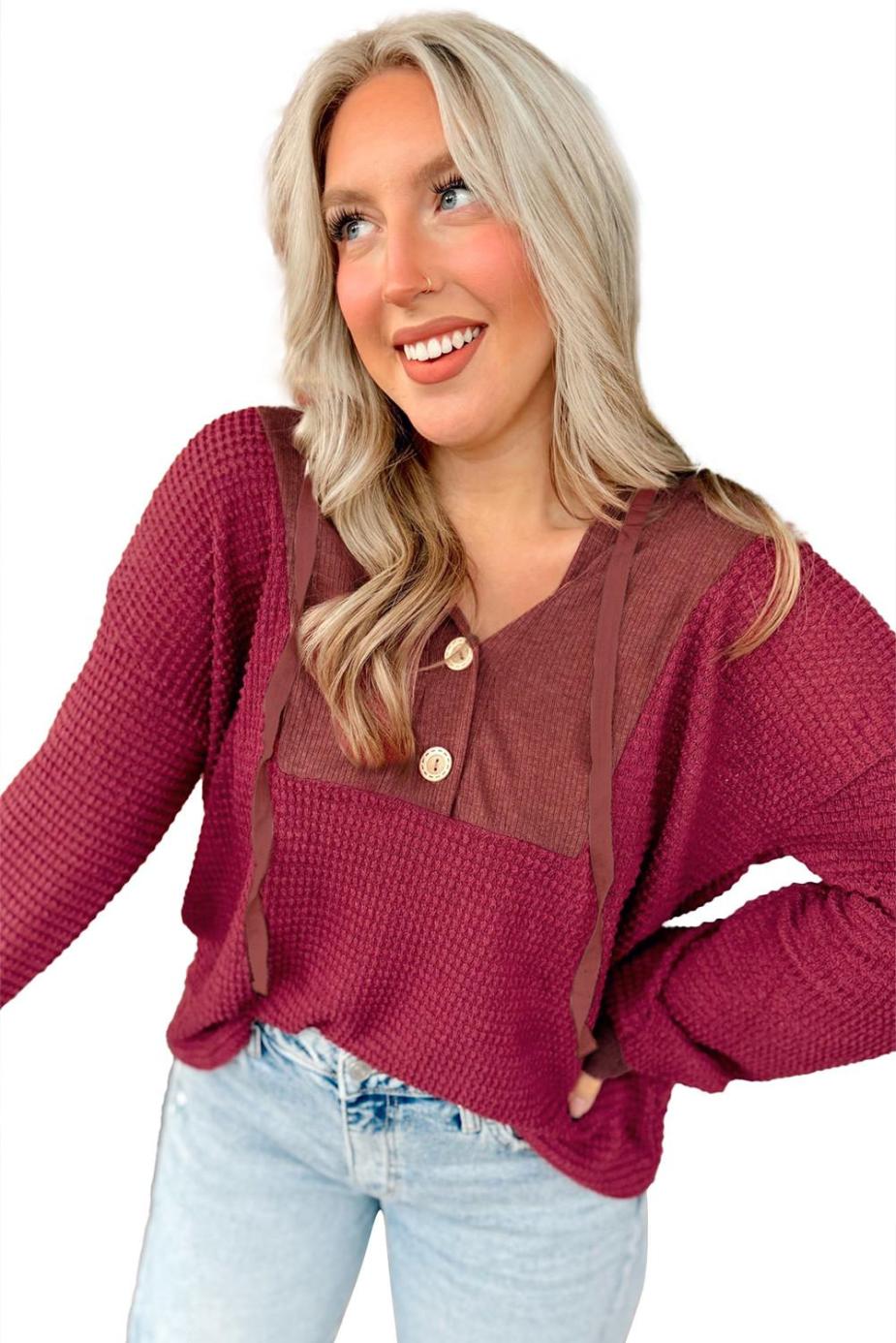 Long Sleeve Tops | Racing Red Waffle Patchwork Drop Shoulder Hooded Long Sleeve Top - Women