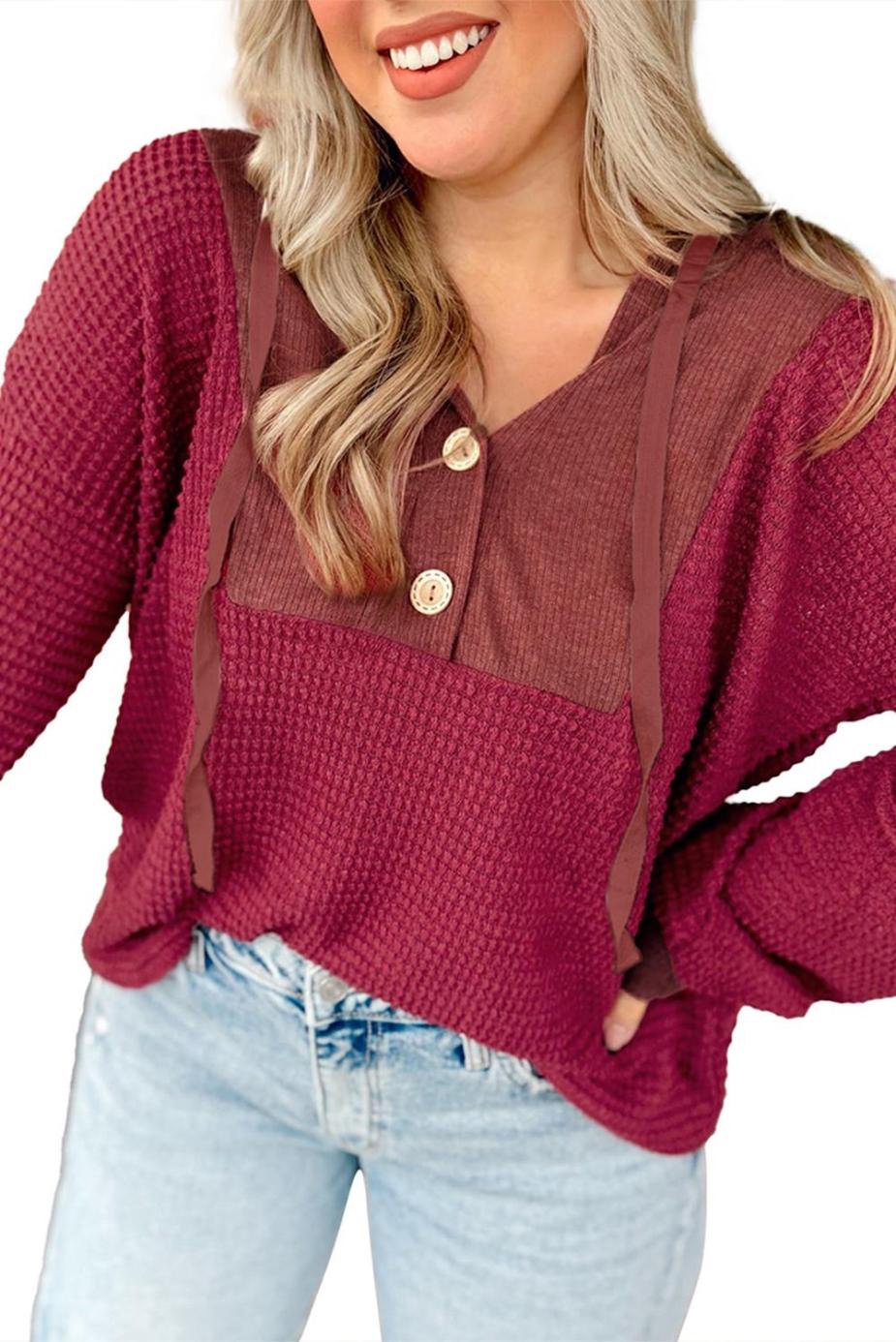 Long Sleeve Tops | Racing Red Waffle Patchwork Drop Shoulder Hooded Long Sleeve Top - Women