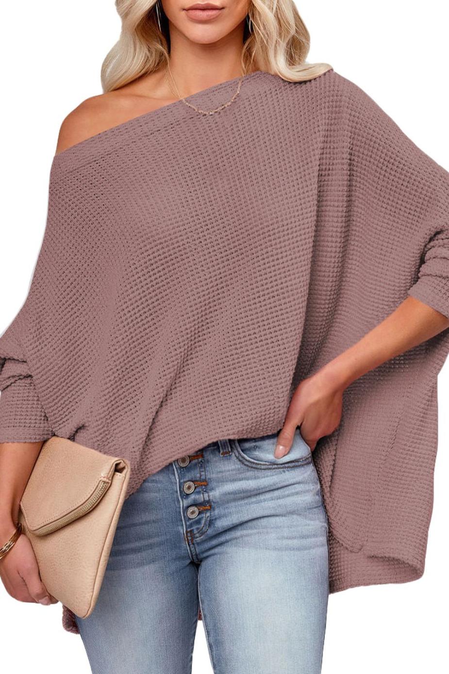 Long Sleeve Tops | Rose Pink Loose Long Sleeve Waffle Knit Top - Women