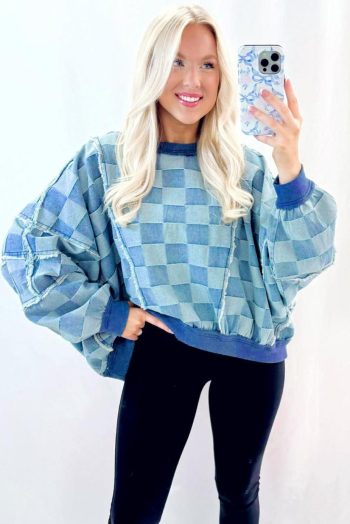 Long Sleeve Tops | Sky Blue Checkerboard Splicing Raw Detail Oversized Denim Pullover - Women