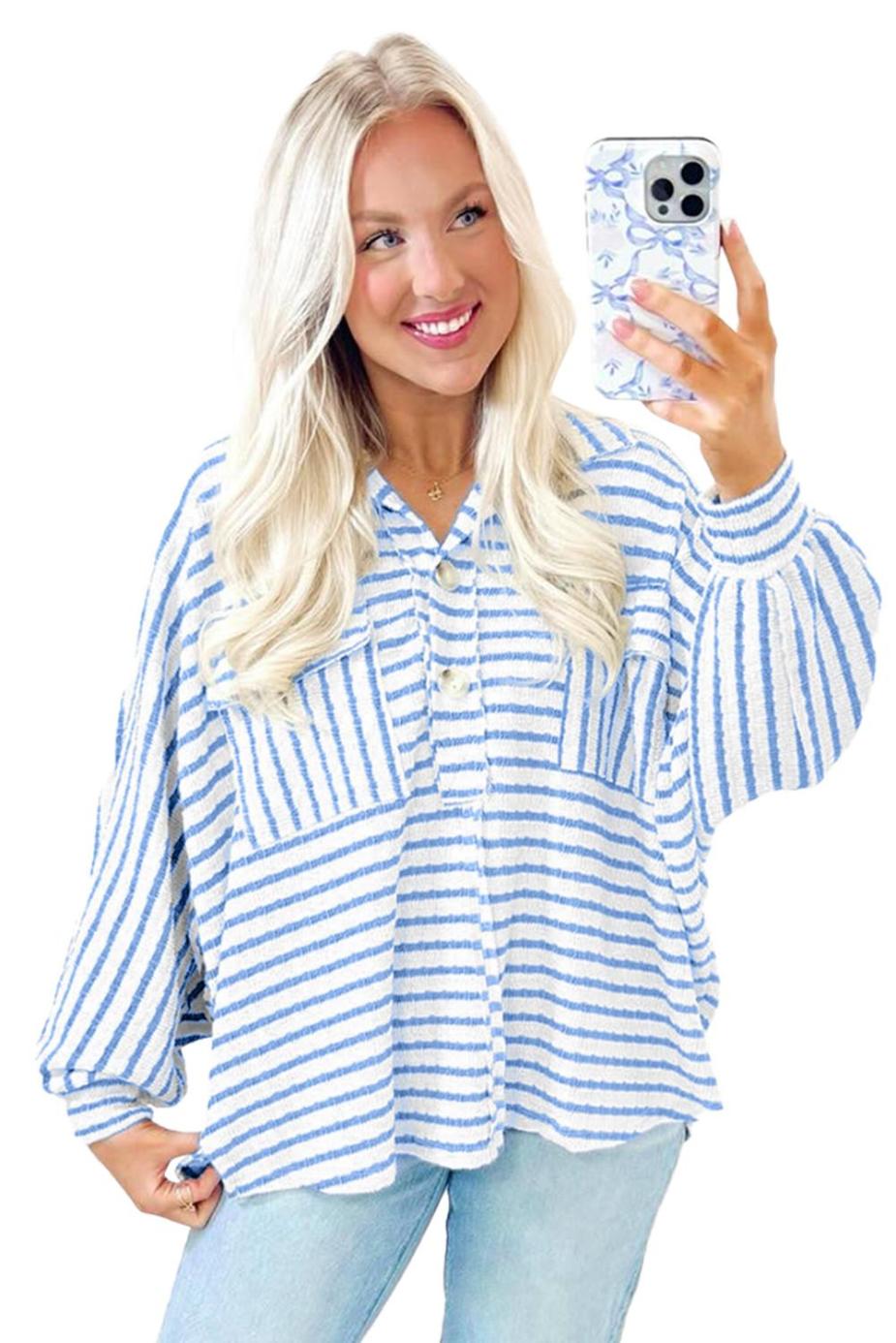 Long Sleeve Tops | Sky Blue Striped Half Button Collared Chest Pockets Loose Fit Top - Women