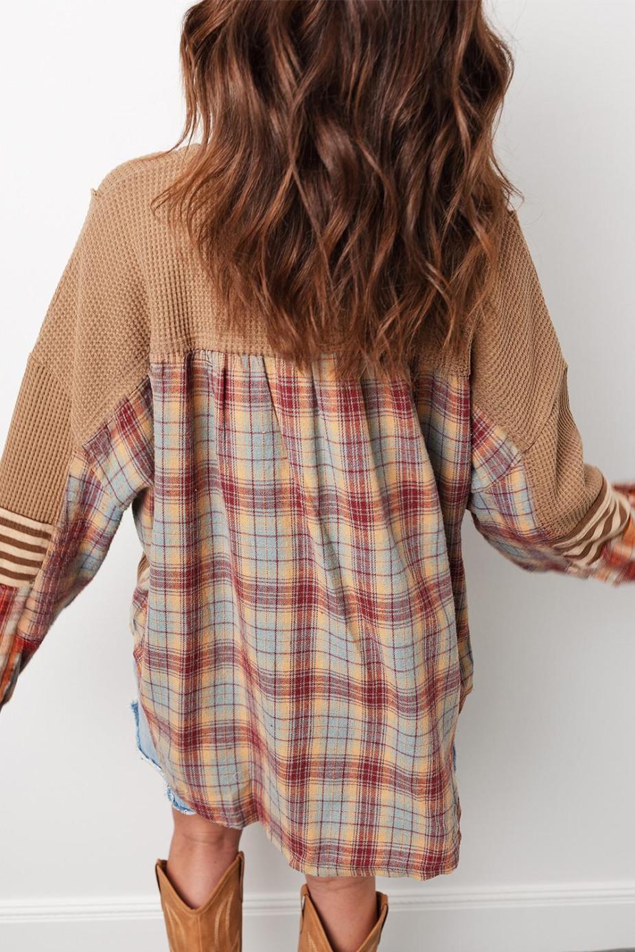 Long Sleeve Tops | Straw Yellow Waffle Stripe Plaid Patchwork Henley Top - Women