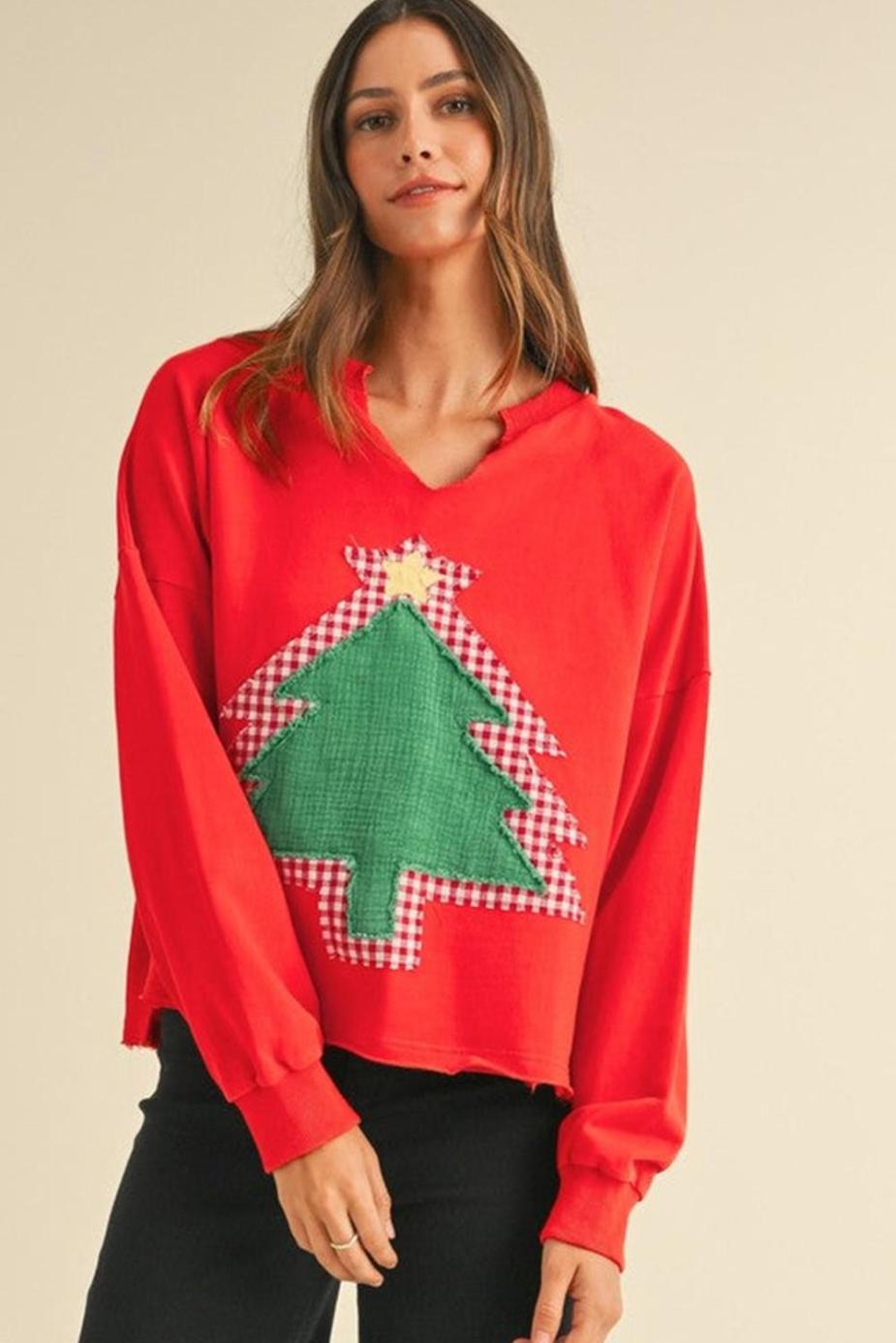Long Sleeve Tops | Tomato Red Christmas Tree Patched V Neck Long Sleeve Pullover - Women