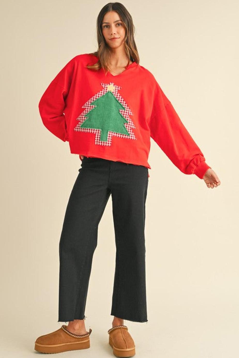 Long Sleeve Tops | Tomato Red Christmas Tree Patched V Neck Long Sleeve Pullover - Women