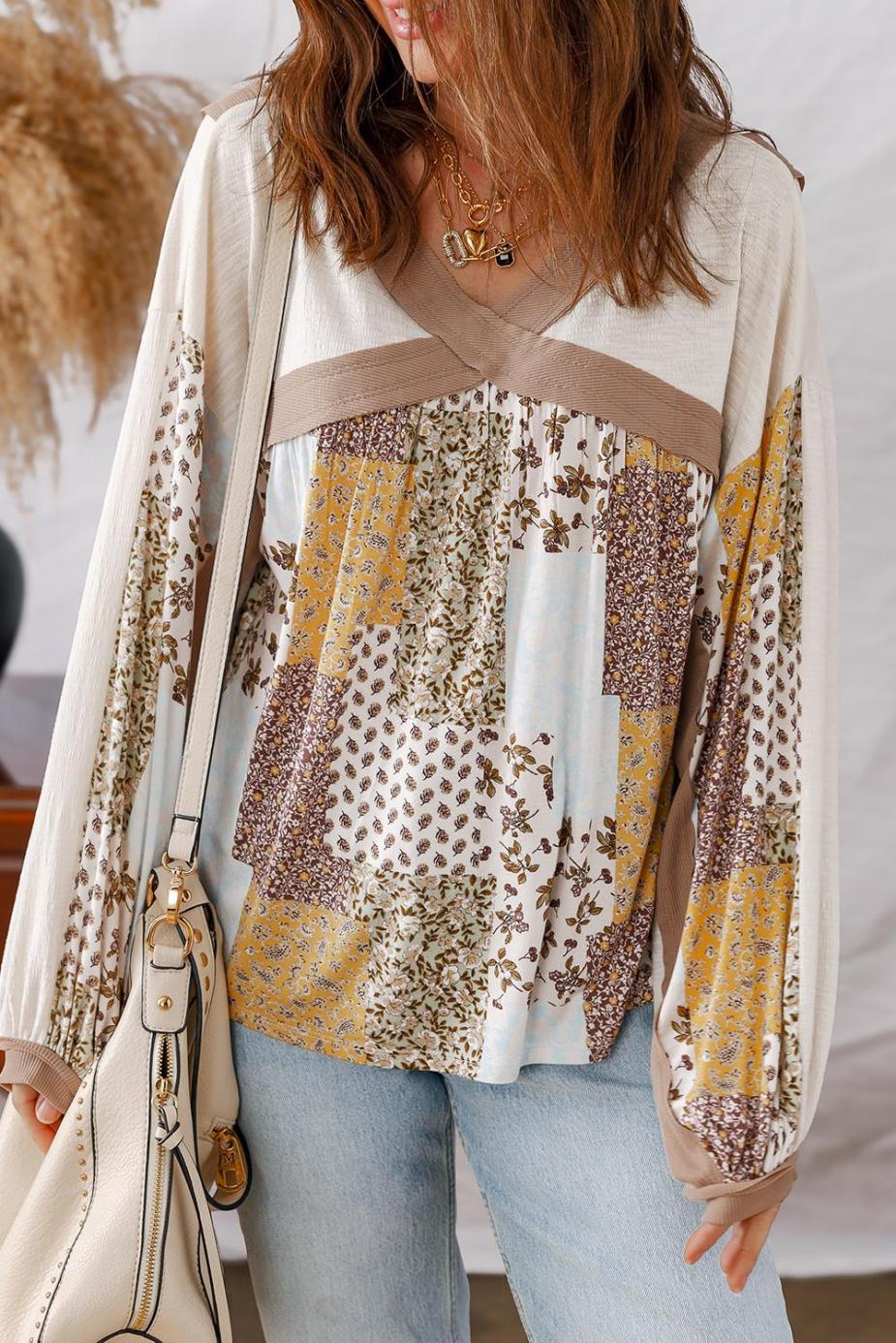 Long Sleeve Tops | White Floral Print Patchwork Long Sleeve Top - Women