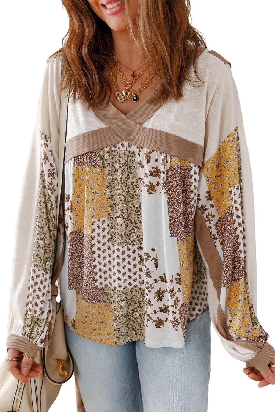 Long Sleeve Tops | White Floral Print Patchwork Long Sleeve Top - Women