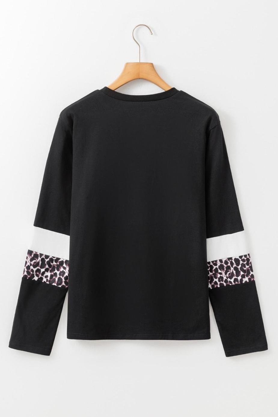 Long Sleeve Tops | White Leopard Colorblock Patchwork Crew Neck Top - Women