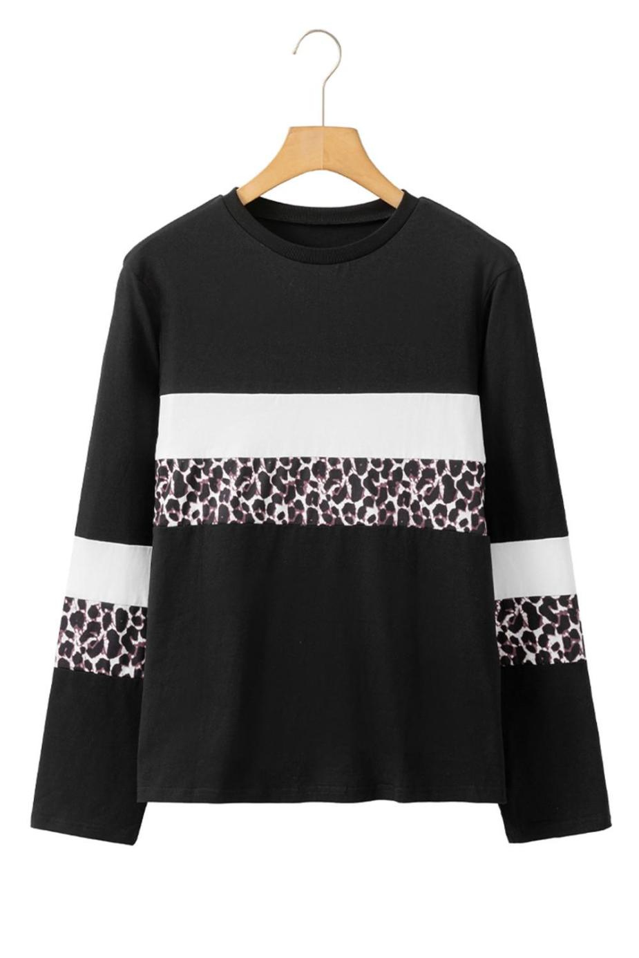 Long Sleeve Tops | White Leopard Colorblock Patchwork Crew Neck Top - Women