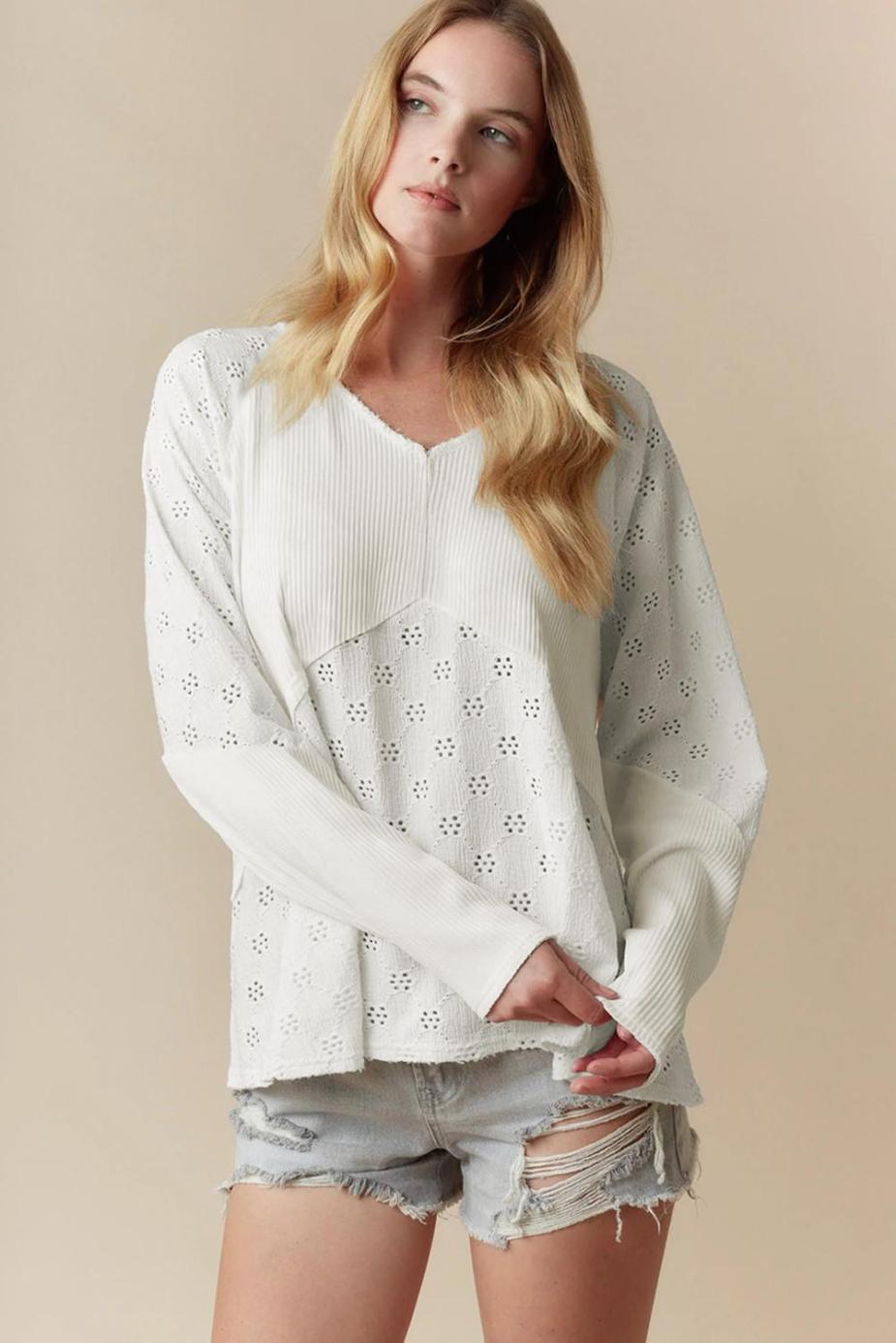 Long Sleeve Tops | White Twisted Rib Patchwork Floral Embroidered Loose Long Sleeve Top - Women