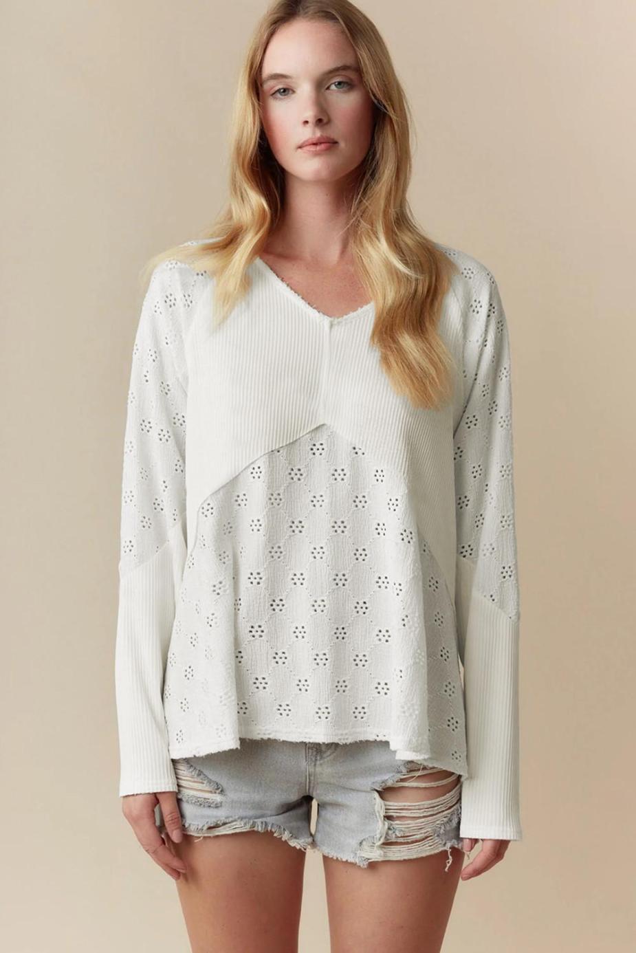 Long Sleeve Tops | White Twisted Rib Patchwork Floral Embroidered Loose Long Sleeve Top - Women