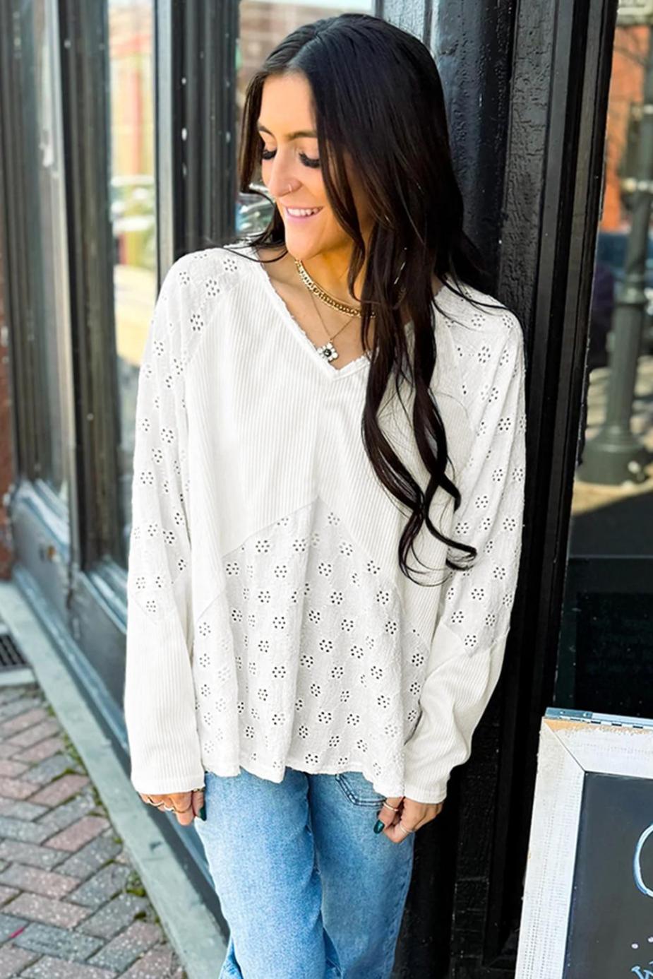 Long Sleeve Tops | White Twisted Rib Patchwork Floral Embroidered Loose Long Sleeve Top - Women