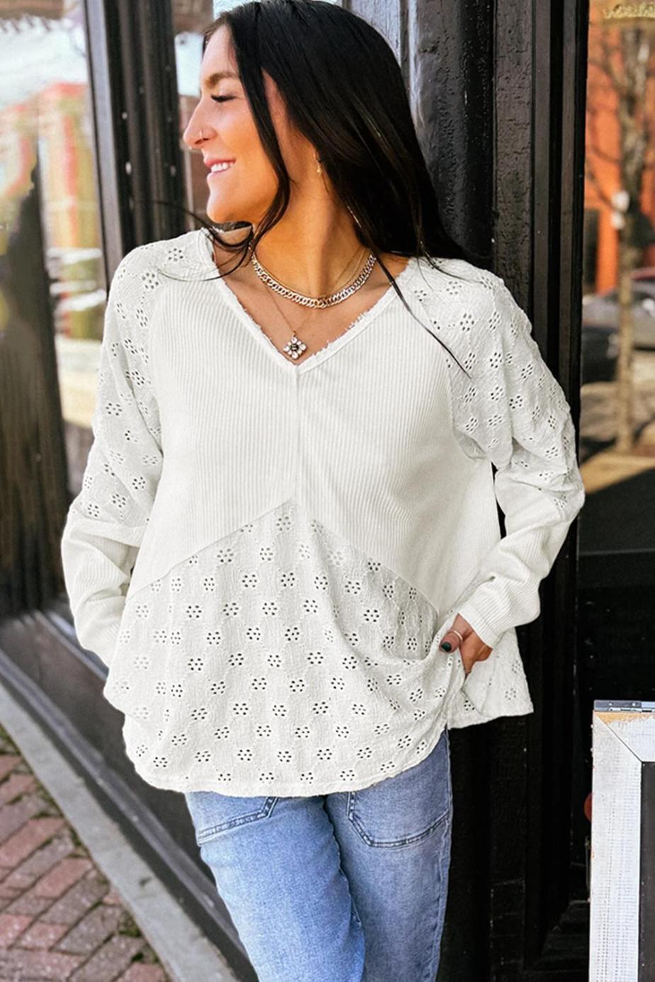 Long Sleeve Tops | White Twisted Rib Patchwork Floral Embroidered Loose Long Sleeve Top - Women