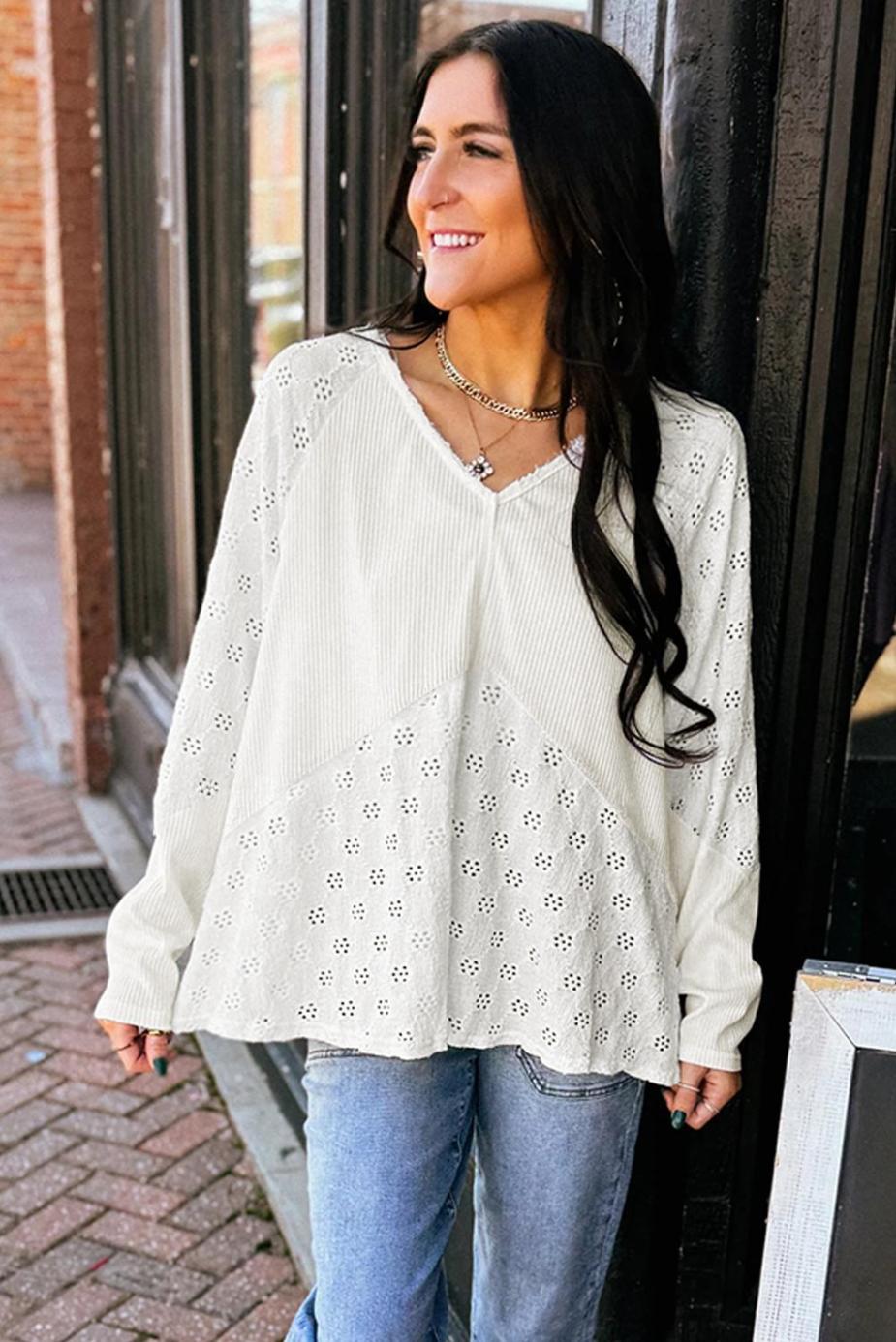 Long Sleeve Tops | White Twisted Rib Patchwork Floral Embroidered Loose Long Sleeve Top - Women