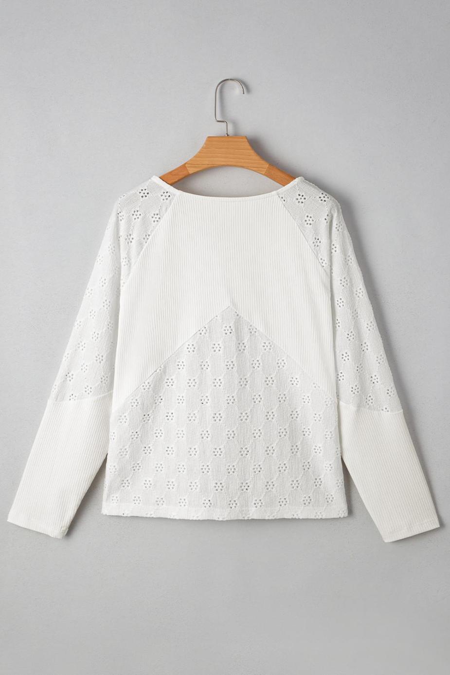 Long Sleeve Tops | White Twisted Rib Patchwork Floral Embroidered Loose Long Sleeve Top - Women