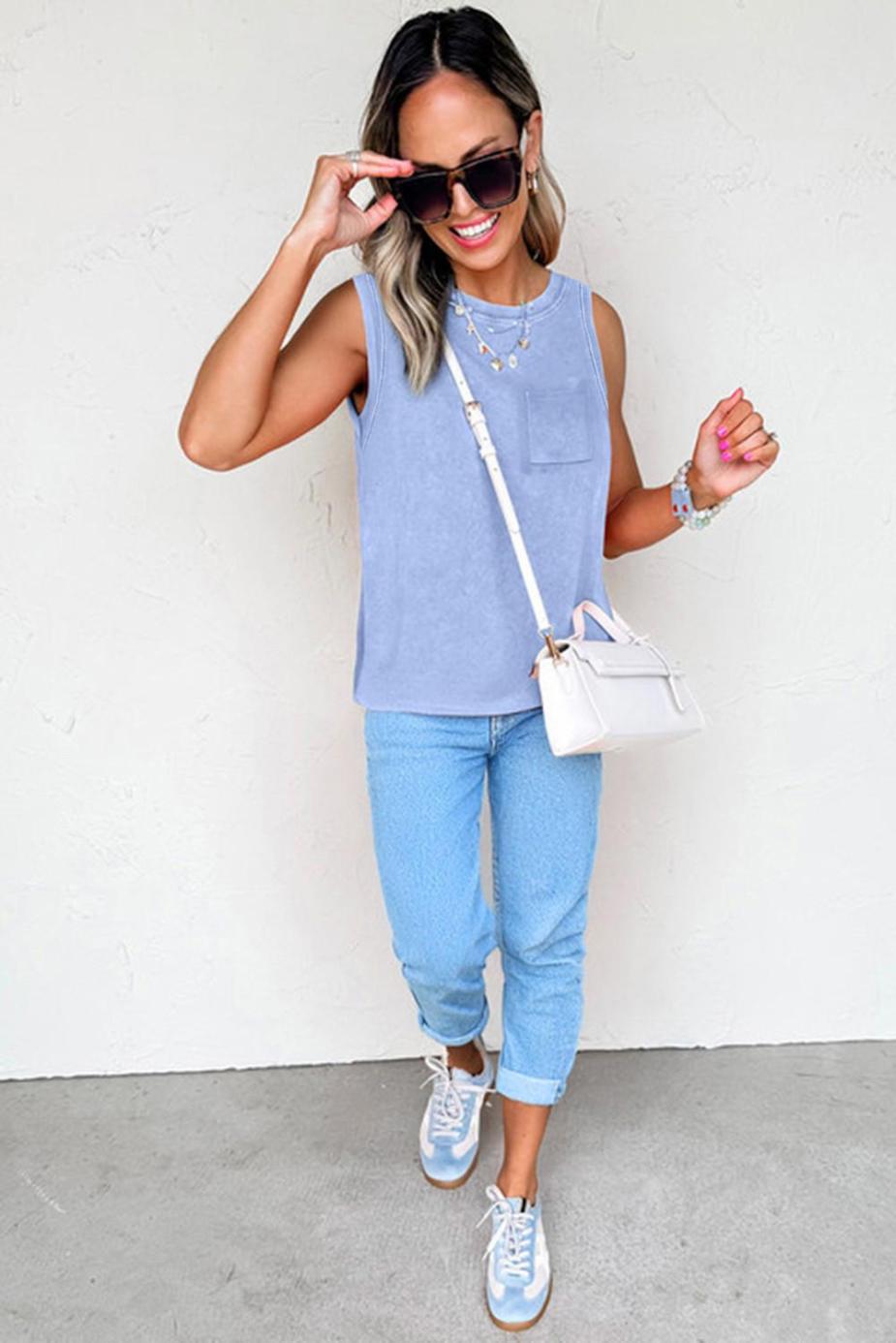 Sleeveless Tops | Beau Blue Mineral Wash Patched Chest Pocket Tank Top - Women