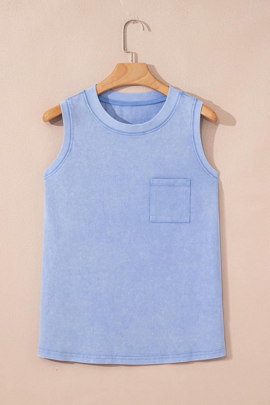 Sleeveless Tops | Beau Blue Mineral Wash Patched Chest Pocket Tank Top - Women