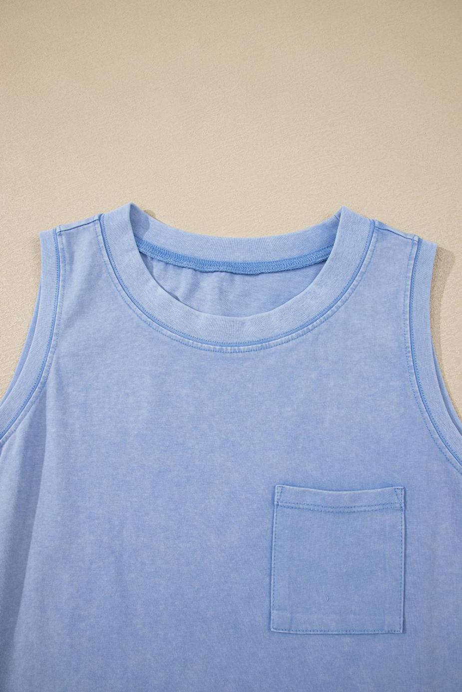 Sleeveless Tops | Beau Blue Mineral Wash Patched Chest Pocket Tank Top - Women