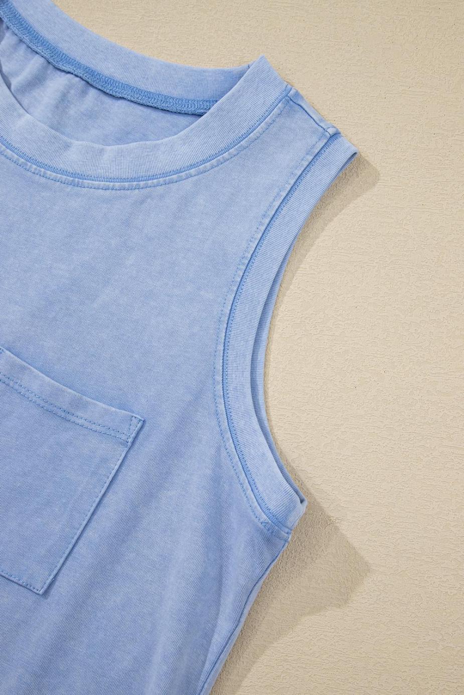Sleeveless Tops | Beau Blue Mineral Wash Patched Chest Pocket Tank Top - Women