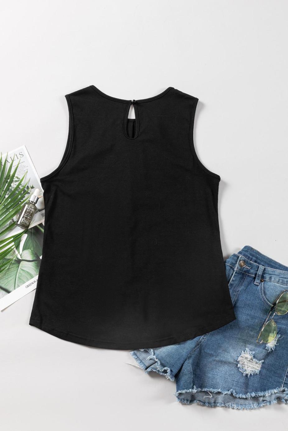 Sleeveless Tops | Black Pleated Round Neck Sleeveless Top - Women