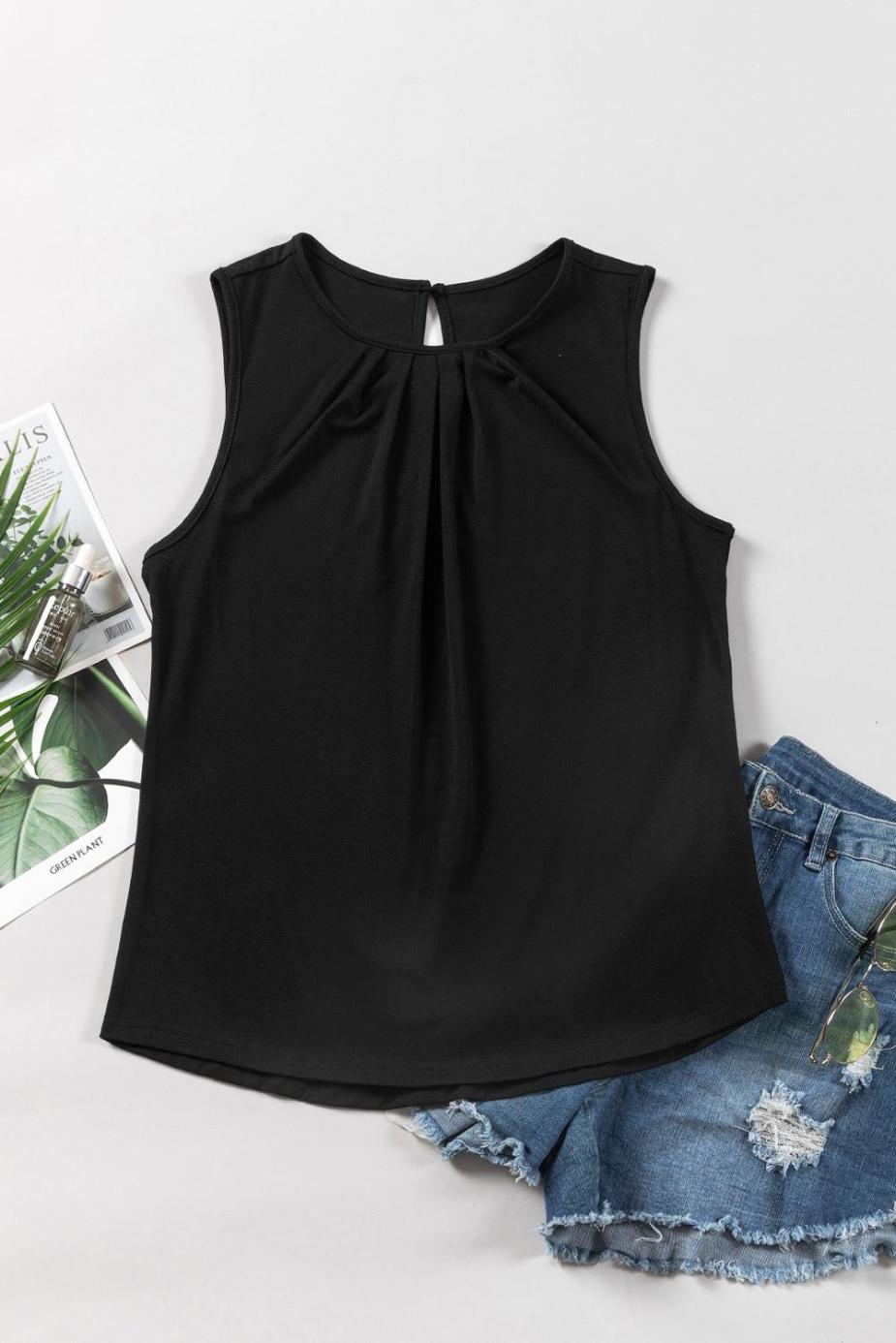 Sleeveless Tops | Black Pleated Round Neck Sleeveless Top - Women