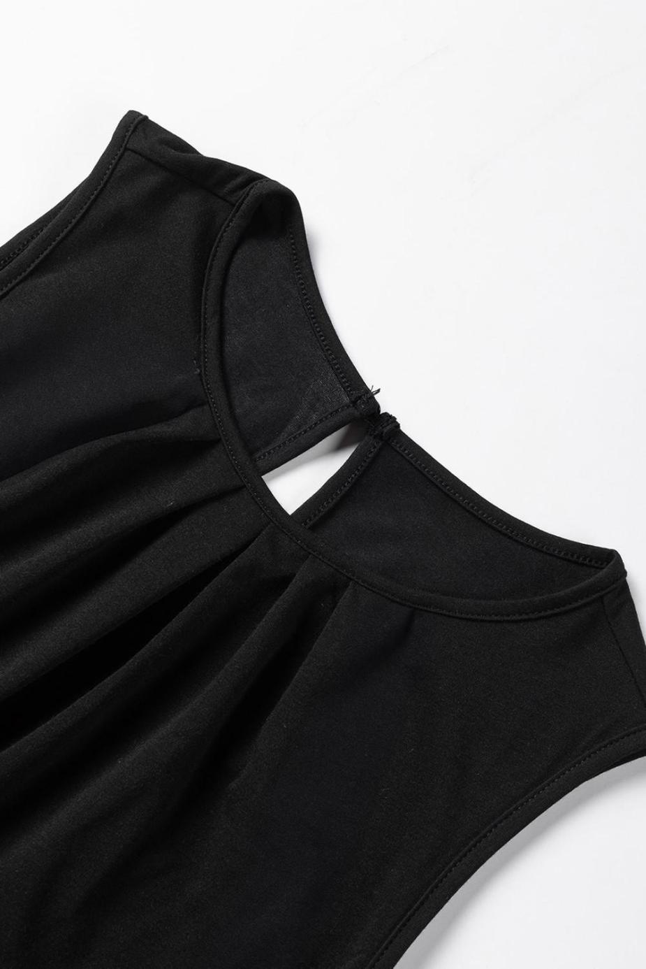 Sleeveless Tops | Black Pleated Round Neck Sleeveless Top - Women