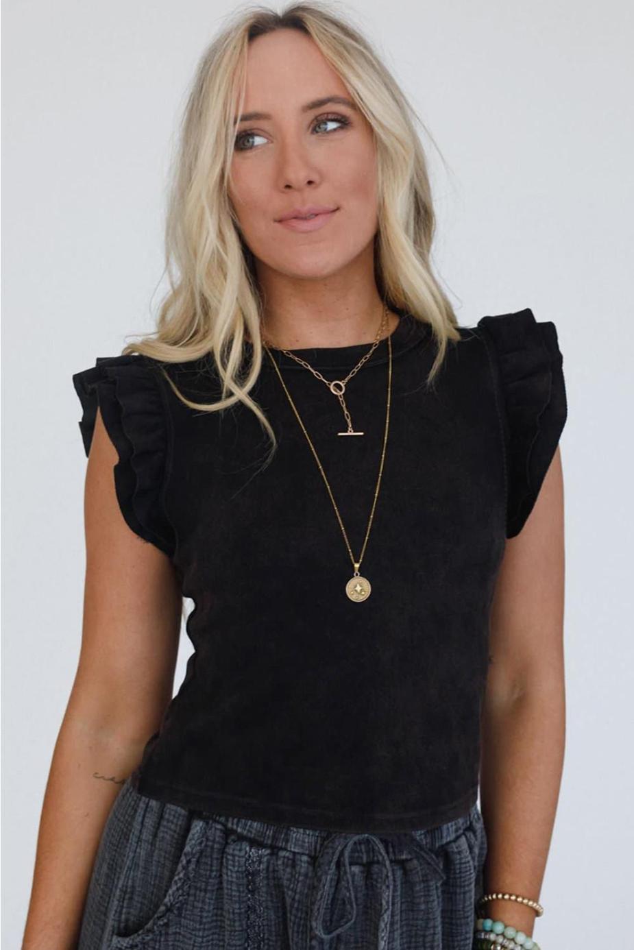 Sleeveless Tops | Black Ruffle Crew Neck Slim Fit Top - Women
