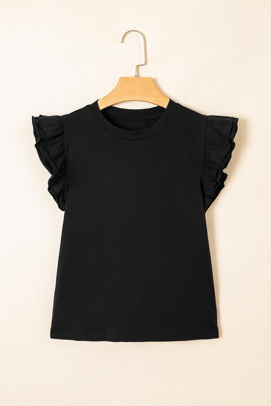 Sleeveless Tops | Black Ruffle Crew Neck Slim Fit Top - Women
