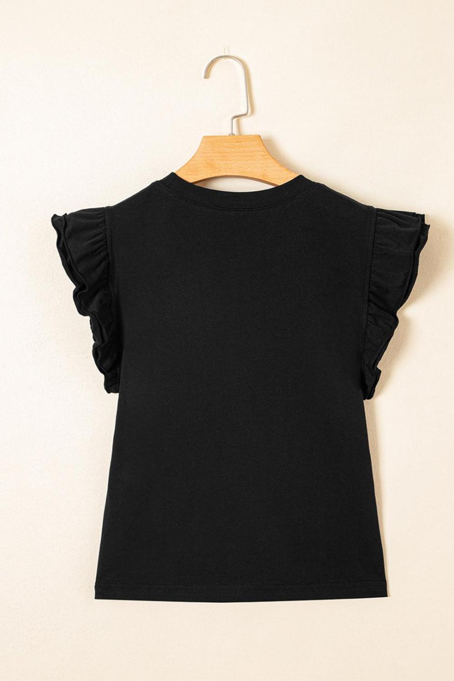 Sleeveless Tops | Black Ruffle Crew Neck Slim Fit Top - Women