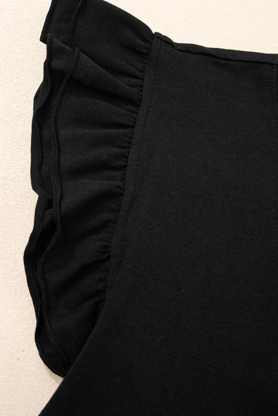 Sleeveless Tops | Black Ruffle Crew Neck Slim Fit Top - Women