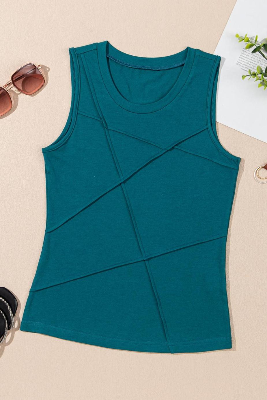 Sleeveless Tops | Blue Sapphire Solid Color Stitching Detail Round Neck Tank Top - Women
