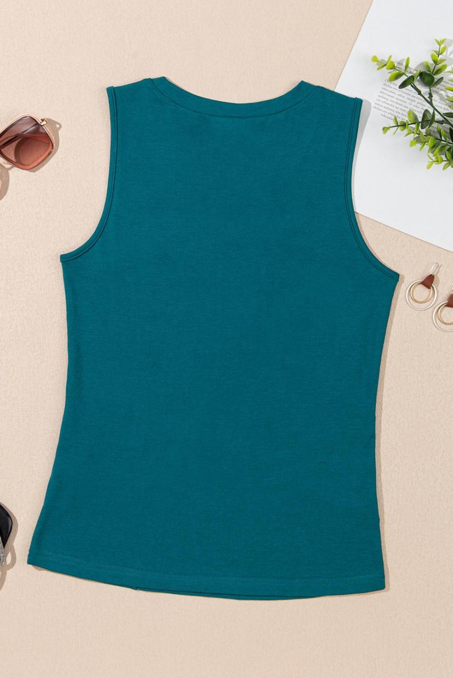 Sleeveless Tops | Blue Sapphire Solid Color Stitching Detail Round Neck Tank Top - Women