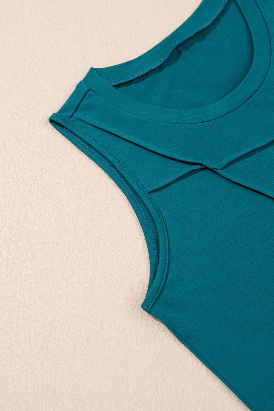 Sleeveless Tops | Blue Sapphire Solid Color Stitching Detail Round Neck Tank Top - Women