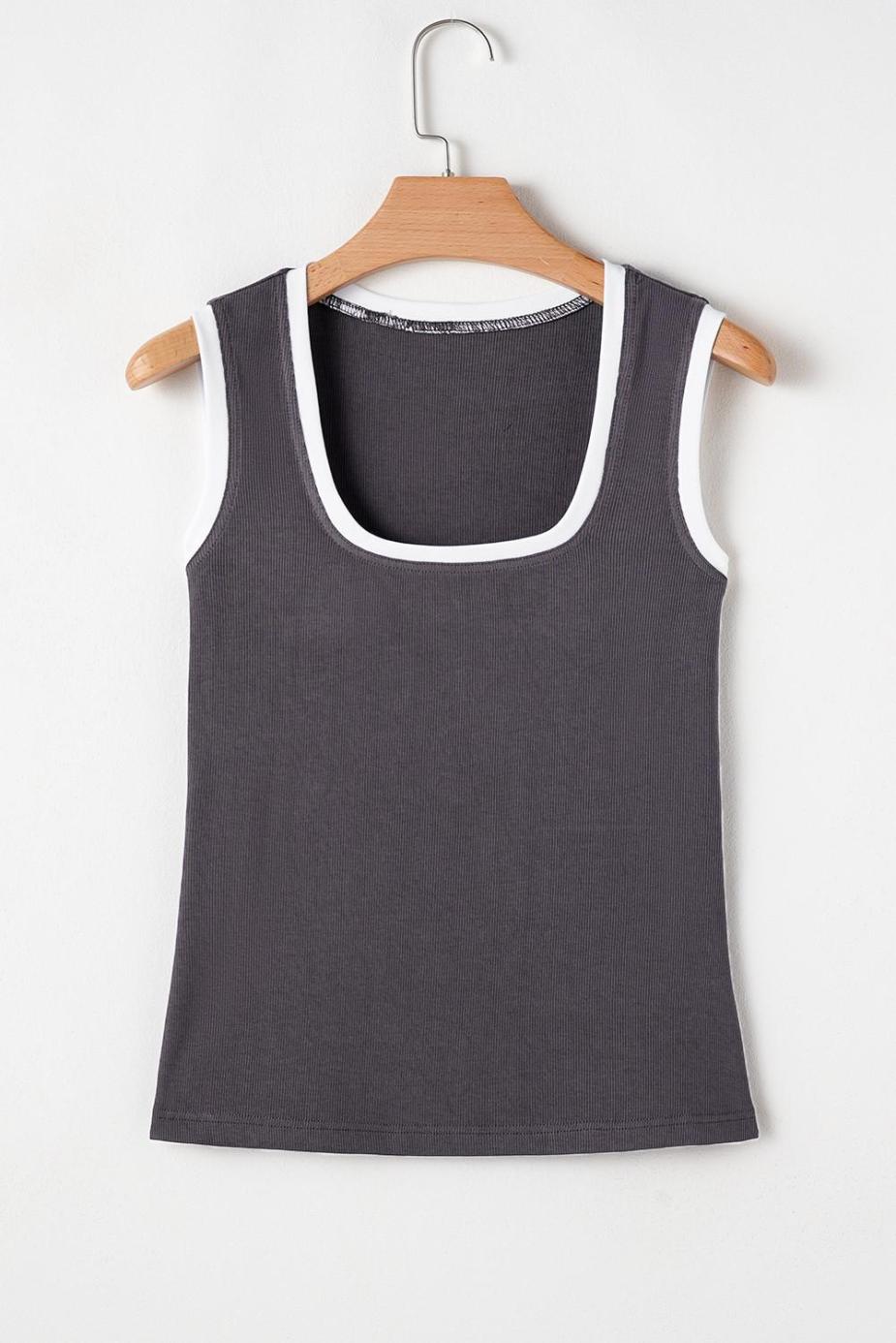 Sleeveless Tops | Carbon Grey Ribbed Knit Contrast Edge U Neck Slim Fit Tank Top - Women