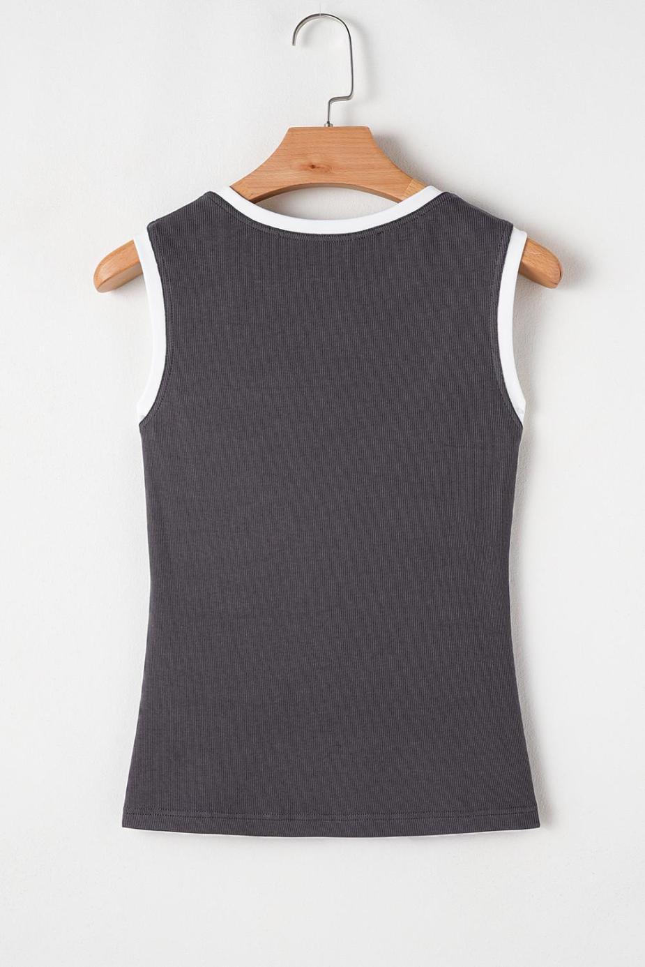 Sleeveless Tops | Carbon Grey Ribbed Knit Contrast Edge U Neck Slim Fit Tank Top - Women