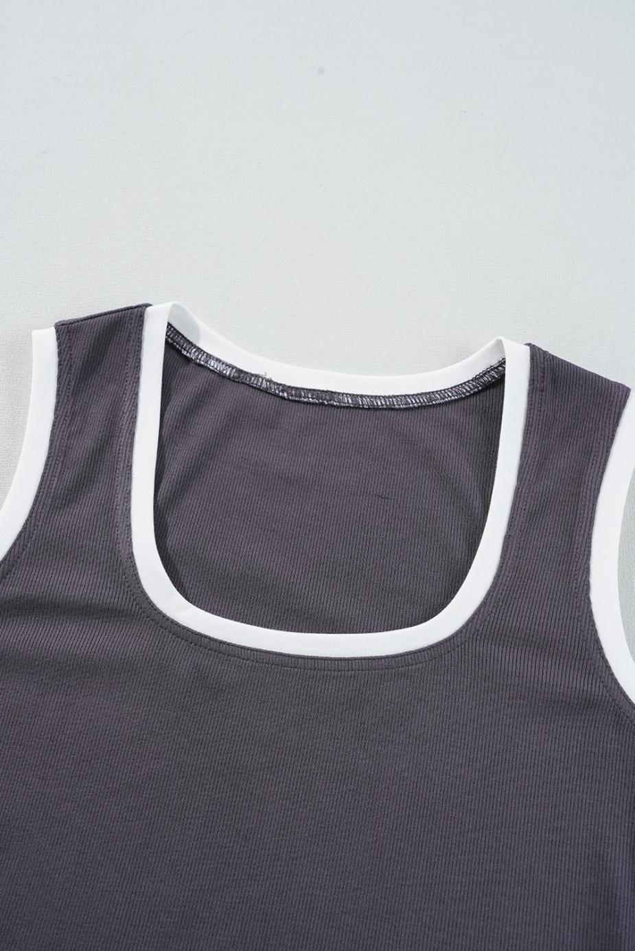 Sleeveless Tops | Carbon Grey Ribbed Knit Contrast Edge U Neck Slim Fit Tank Top - Women