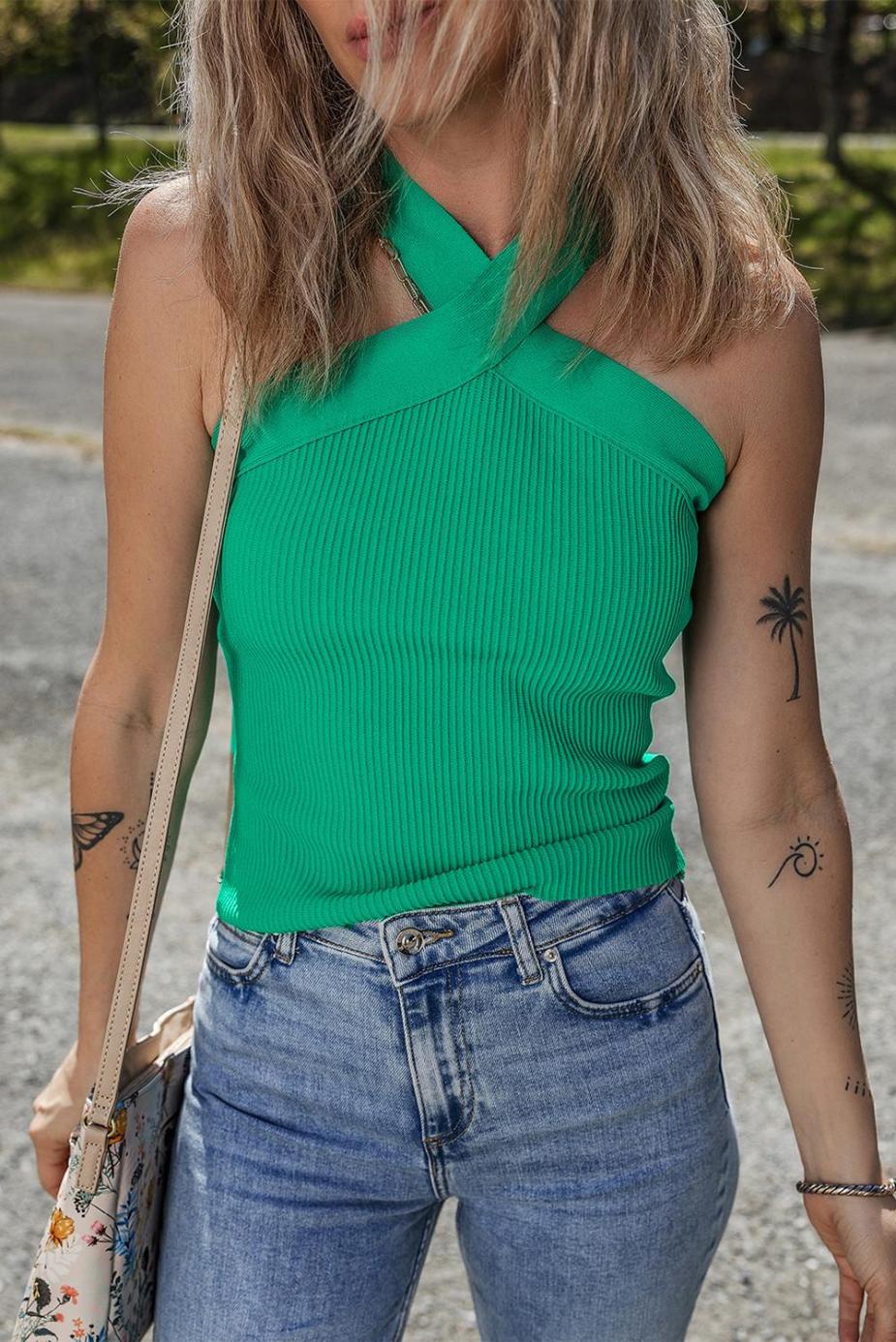 Sleeveless Tops | Dark Green Ribbed Criss Cross Halter Neck Sheath Sweater Tank Top - Women