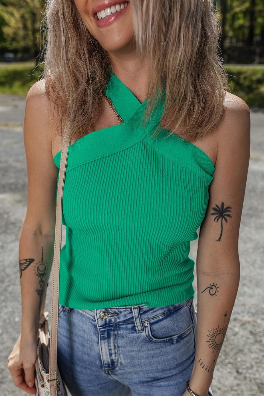 Sleeveless Tops | Dark Green Ribbed Criss Cross Halter Neck Sheath Sweater Tank Top - Women