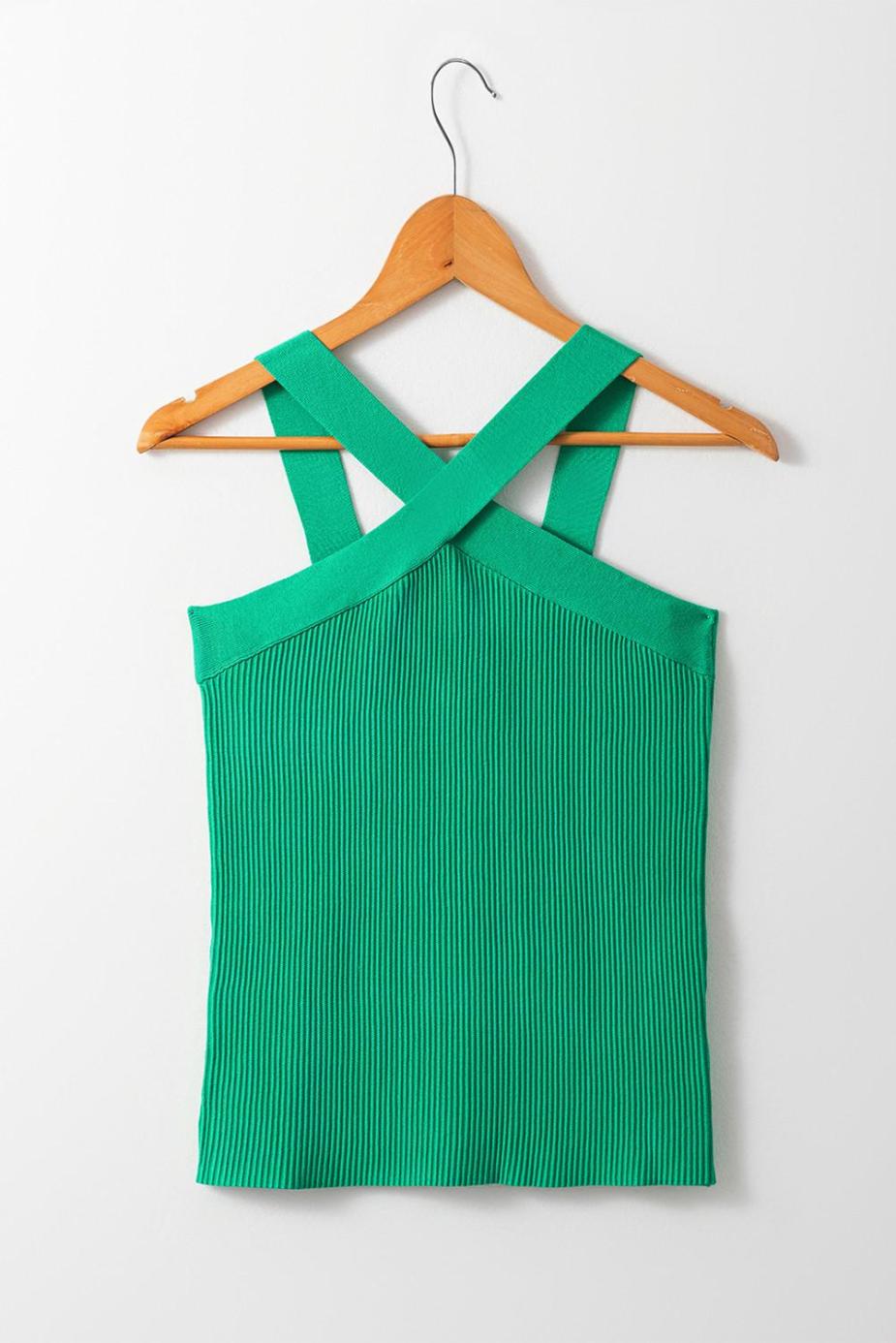Sleeveless Tops | Dark Green Ribbed Criss Cross Halter Neck Sheath Sweater Tank Top - Women