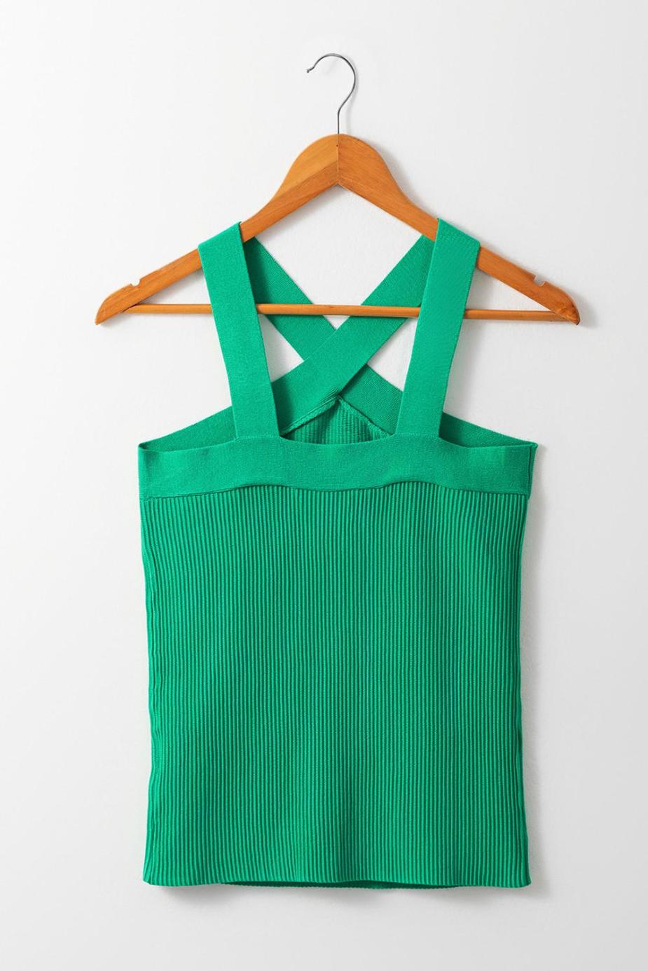 Sleeveless Tops | Dark Green Ribbed Criss Cross Halter Neck Sheath Sweater Tank Top - Women