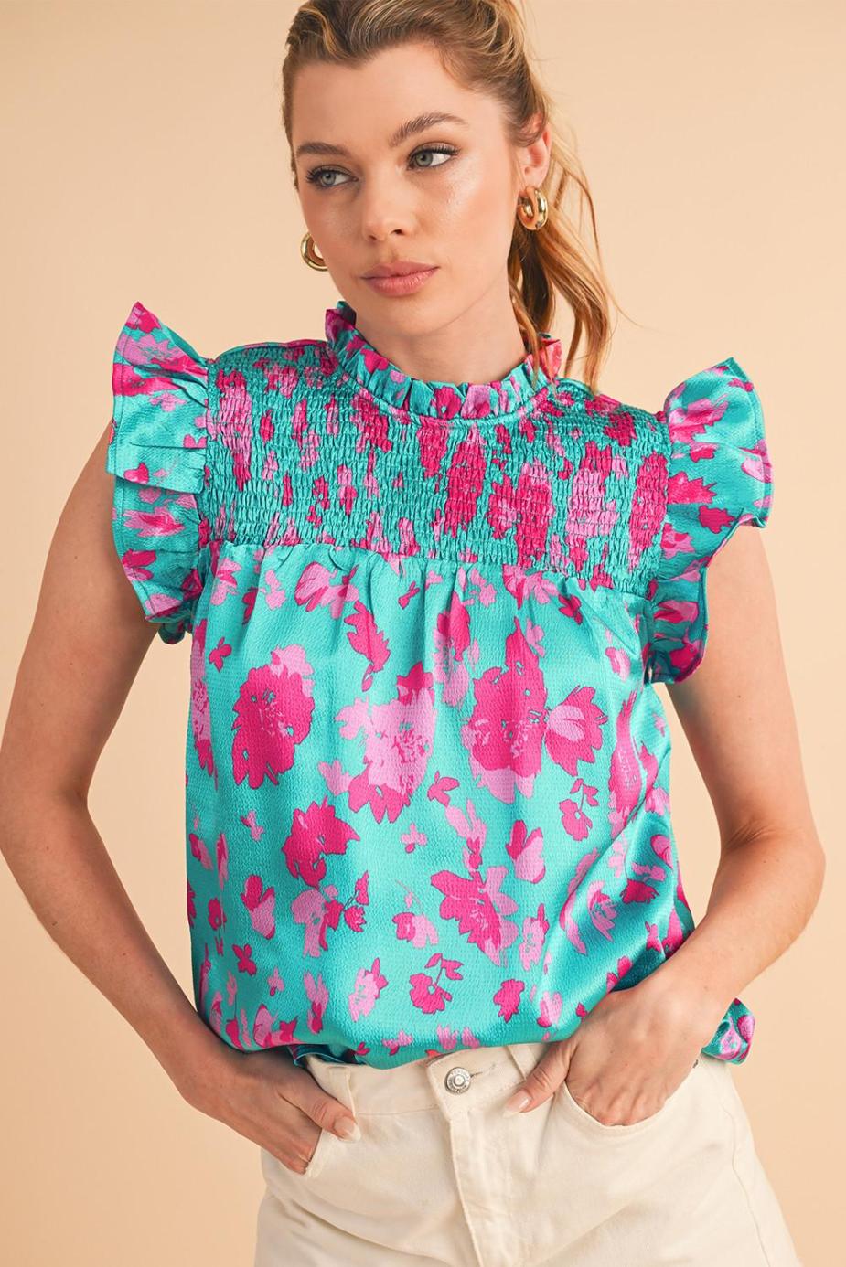 Sleeveless Tops | Green Floral Print Ruffled Flutter Shoulder Smocked Blouse - Women