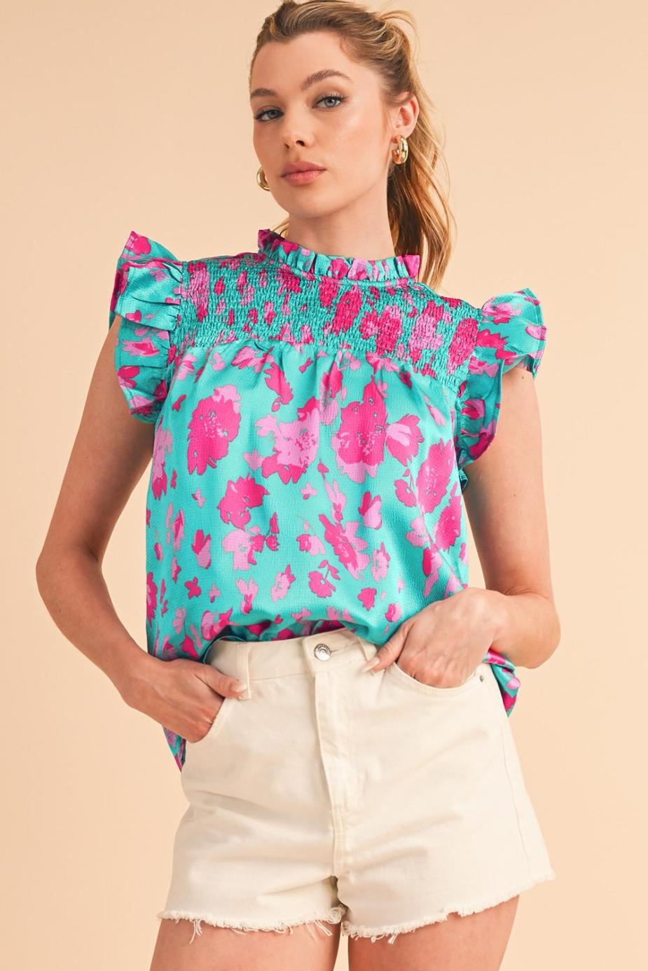 Sleeveless Tops | Green Floral Print Ruffled Flutter Shoulder Smocked Blouse - Women