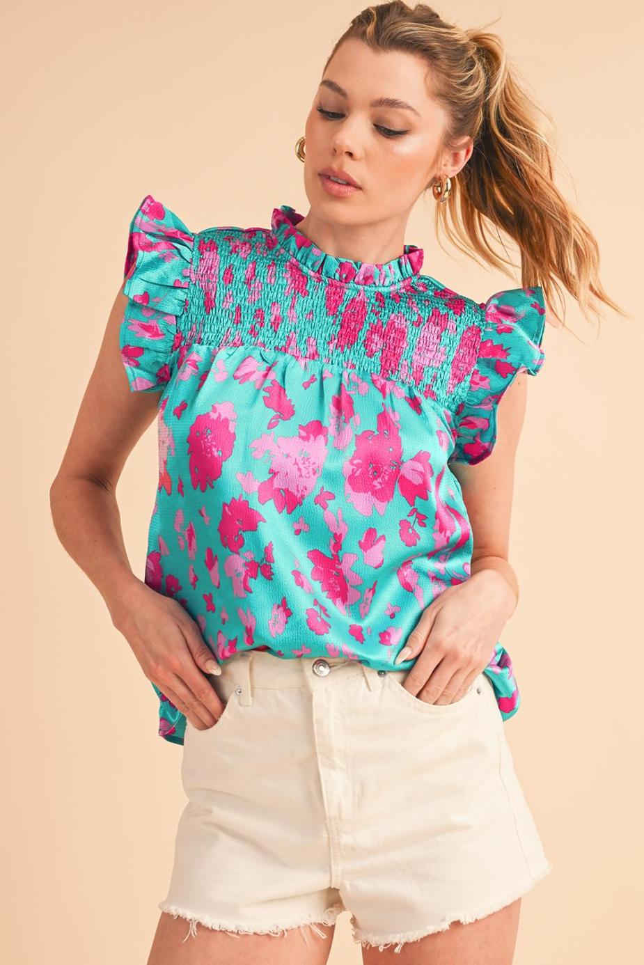 Sleeveless Tops | Green Floral Print Ruffled Flutter Shoulder Smocked Blouse - Women
