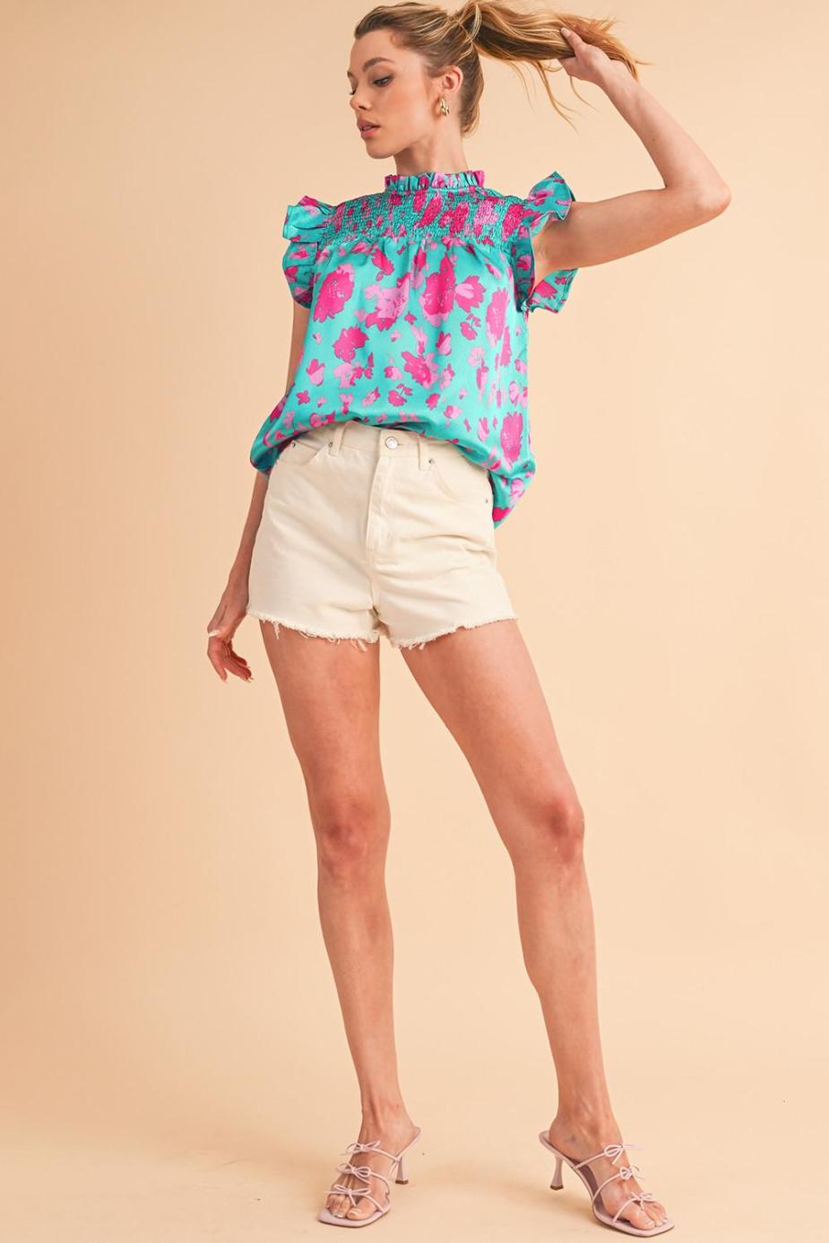 Sleeveless Tops | Green Floral Print Ruffled Flutter Shoulder Smocked Blouse - Women