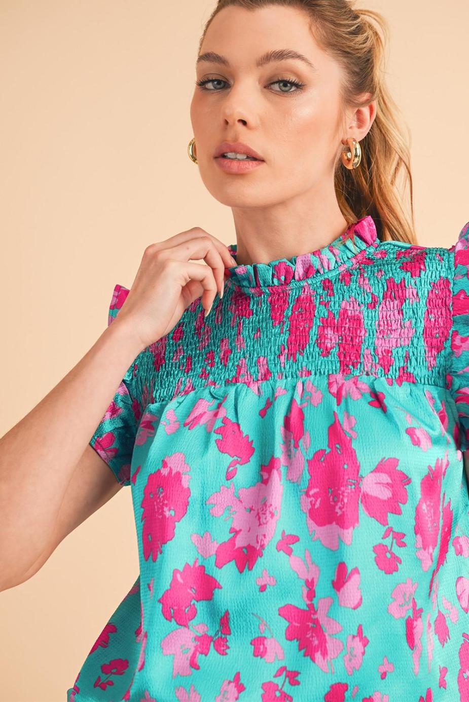 Sleeveless Tops | Green Floral Print Ruffled Flutter Shoulder Smocked Blouse - Women