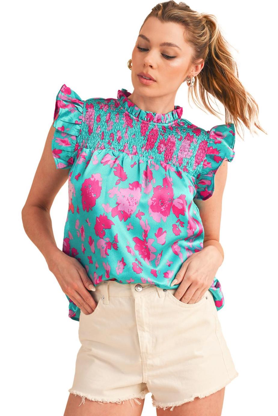 Sleeveless Tops | Green Floral Print Ruffled Flutter Shoulder Smocked Blouse - Women