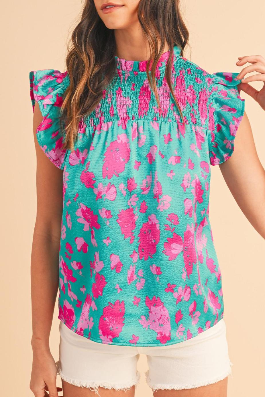 Sleeveless Tops | Green Floral Print Ruffled Flutter Shoulder Smocked Blouse - Women