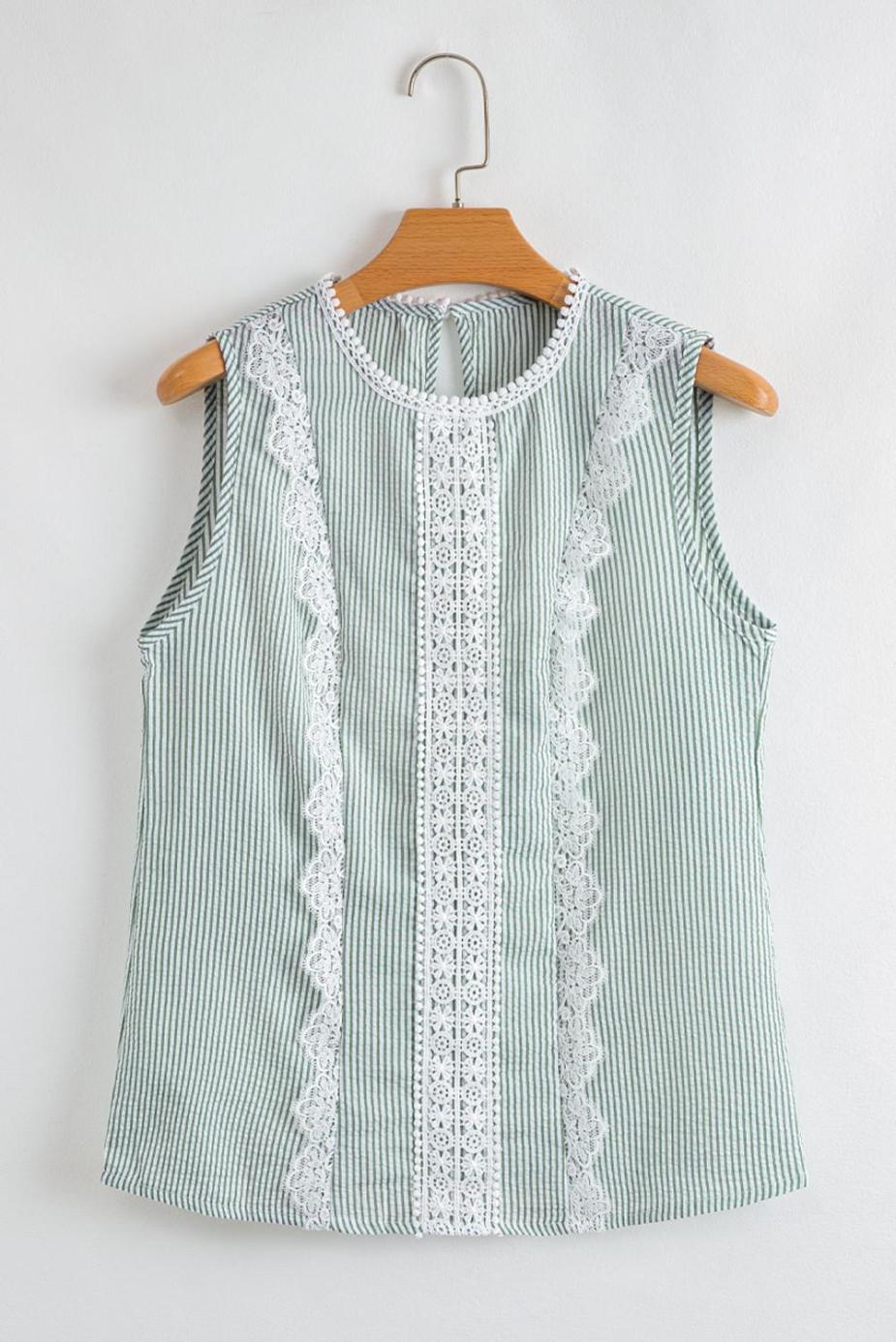 Sleeveless Tops | Green Stripe Lace Detail Crinkle Sleeveless Blouse - Women